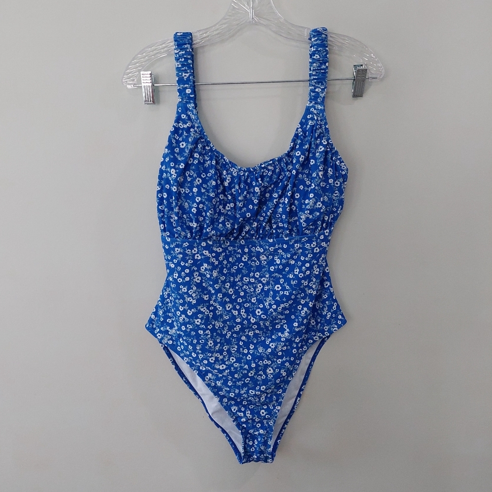 One-piece swimsuit XL NWOT blue white floral stretchy removable pads